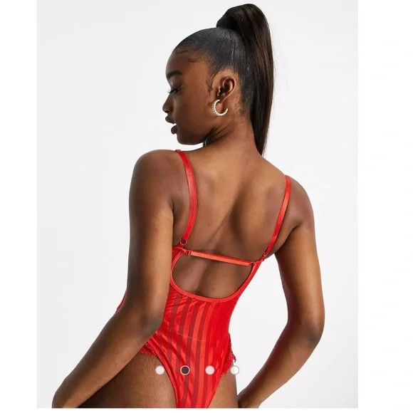 Red V neck Lace Sexy Bodysuit - Picture 13 of 14